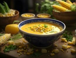 Corn soup in a bowl. ai generative photo