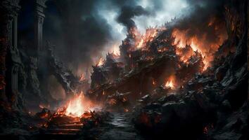 Infernal Abyss of Torment A bottomless land filled dark with terrifying rocks and burning fire. ai generative photo