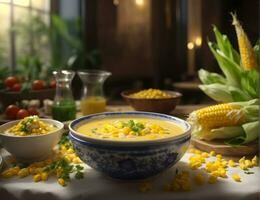 Corn soup in a bowl. ai generative photo