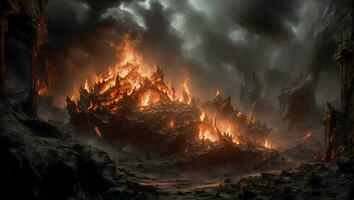 infernal abismo de tormento un sin fondo tierra lleno oscuro con espantoso rocas y ardiente fuego. ai generativo foto