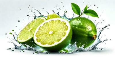 fresh lime and splashes of water on a white background. ai generative photo