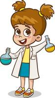 Cute little girl in lab coat holding test tube. Vector clip art illustration with simple gradients.