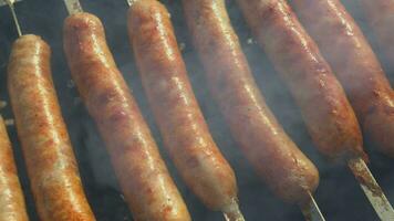 Meat sausages are fried on burning coals. video