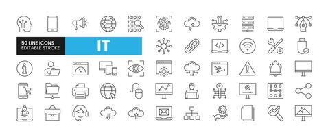 Set of 50 Information Technology line icons set. Information Technology outline icons with editable stroke collection. Includes Devices, Website, Cloud Computing, Connections, Link Building, and More. vector