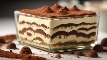 A close-up shot of a freshly prepared tiramisu, focusing on the layers of coffee-soaked ladyfingers AI Generative photo