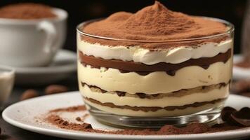 A close-up shot of a freshly prepared tiramisu, focusing on the layers of coffee-soaked ladyfingers AI Generative photo