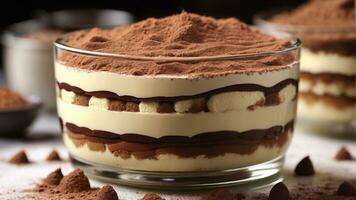 A close-up shot of a freshly prepared tiramisu, focusing on the layers of coffee-soaked ladyfingers AI Generative photo