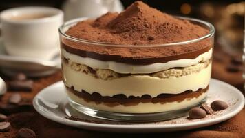 A close-up shot of a freshly prepared tiramisu, focusing on the layers of coffee-soaked ladyfingers AI Generative photo