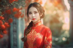 Chinese girl in red dress. Generate Ai photo