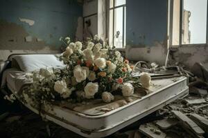 Bouquet of flowers on hospital bed, bombed city. Generate Ai photo