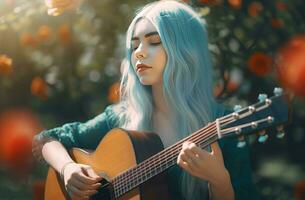 Cute girl guitar play music sound. Generate Ai photo