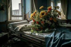 Bouquet of flowers on hospital bed, bombed city view. Generate Ai photo