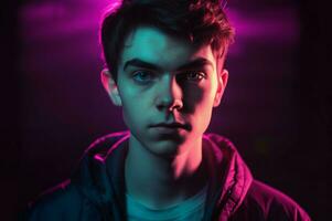 Neon hyper real man portrait closeup. Generate Ai photo