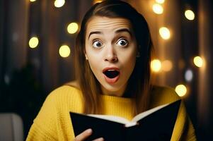Woman with shocked face reading book. Generate ai photo