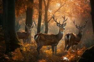 Several stags in autumn forest. Generate ai photo