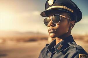 africano americano policía mujer en Gafas de sol. generar ai foto