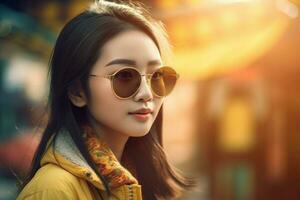 Chinese woman wears sunglasses. Generate Ai photo