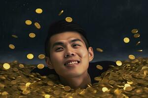 Happy asian businessman golden coins. Generate Ai photo