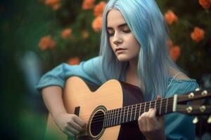 Cute girl guitar play. Generate Ai photo