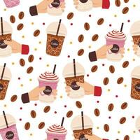 Seamless pattern with cold coffee, matcha or other drinks. Coffee beans. Vector graphic.