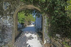 ver mediante un curvo descuidado portón sobre un sin pavimentar camino en un medieval castillo ruina foto