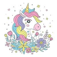 mano dibujo unicornio y flores vector