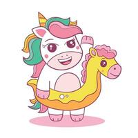 linda vistoso unicornio personaje en un boya salvavidas vector