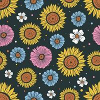 Hand Drawing Flower Seamless Pattern Black Background vector