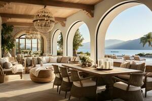 A luxurious modern dining table, with sleek lines and elegant chairs, is the centerpiece of a stylish and sophisticated home interior. Generative Ai photo