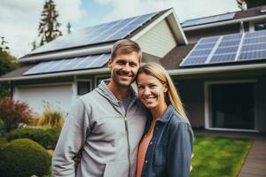 A happy young couple enjoying a day outdoors, smiling and carefree, epitomizes the outdoor lifestyle and the simple enjoyment of life together. on the porch of their beautiful home. Generative Ai photo