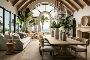 A luxurious modern dining table, with sleek lines and elegant chairs, is the centerpiece of a stylish and sophisticated home interior. Generative Ai photo