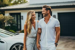 un contento joven Pareja disfrutando un día al aire libre, sonriente y despreocupado, personifica el al aire libre estilo de vida y el sencillo disfrute de vida juntos. en el porche de su hermosa hogar. generativo ai foto