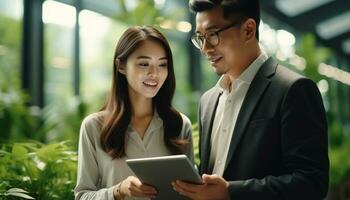 Diverse group of business professionals, including businessmen and businesswomen, gather in a modern office to collaborate on a project, using technology to communicate and share ideas. Generative ai photo