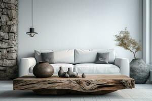 A modern living room design with empty sofa and armchair on the wall, featuring sleek lines, simple silhouettes, and neutral colors, creates a minimalist and inviting space. Generative Ai photo