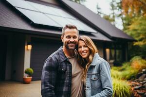 A happy young couple enjoying a day outdoors, smiling and carefree, epitomizes the outdoor lifestyle and the simple enjoyment of life together. on the porch of their beautiful home. Generative Ai photo