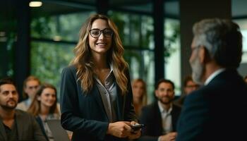 Diverse group of business professionals, including businessmen and businesswomen, gather in a modern office to collaborate on a project, using technology to communicate and share ideas. Generative ai photo