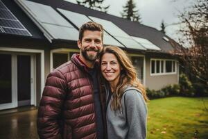 un contento joven Pareja disfrutando un día al aire libre, sonriente y despreocupado, personifica el al aire libre estilo de vida y el sencillo disfrute de vida juntos. en el porche de su hermosa hogar. generativo ai foto