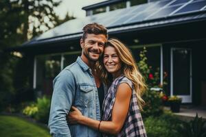A happy young couple enjoying a day outdoors, smiling and carefree, epitomizes the outdoor lifestyle and the simple enjoyment of life together. on the porch of their beautiful home. Generative Ai photo