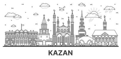 Outline Kazan Russia city skyline with modern and historic buildings isolated on white. Kazan cityscape with landmarks. vector