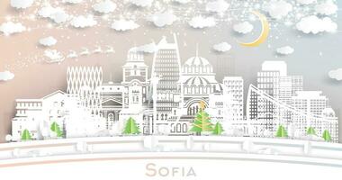 Sofia Bulgaria. Winter city skyline in paper cut style with snowflakes, moon and neon garland. Christmas and new year concept. Santa Claus. Sofia cityscape with landmarks. vector