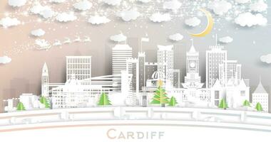 Cardiff Gales. invierno ciudad horizonte en papel cortar estilo con copos de nieve, Luna y neón guirnalda. Navidad, nuevo año concepto. Cardiff paisaje urbano con puntos de referencia vector