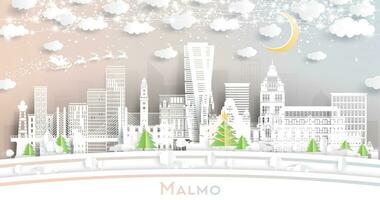 Malmo Sweden. Winter City Skyline in Paper Cut Style with Snowflakes, Moon and Neon Garland. Christmas, New Year Concept. Malmo Cityscape with Landmarks. vector