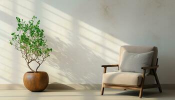A modern living room design with empty sofa and armchair on the wall, featuring sleek lines, simple silhouettes, and neutral colors, creates a minimalist and inviting space. Generative Ai photo
