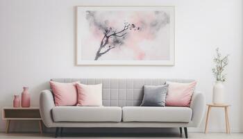 A modern living room design with empty sofa and armchair on the wall, featuring sleek lines, simple silhouettes, and neutral colors, creates a minimalist and inviting space. Generative Ai photo