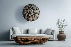 A modern living room design with empty sofa and armchair on the wall, featuring sleek lines, simple silhouettes, and neutral colors, creates a minimalist and inviting space. Generative Ai photo