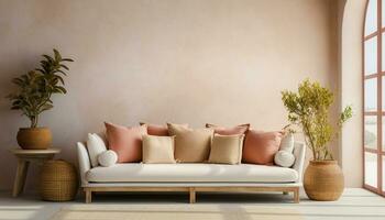 A modern living room design with empty sofa and armchair on the wall, featuring sleek lines, simple silhouettes, and neutral colors, creates a minimalist and inviting space. Generative Ai photo