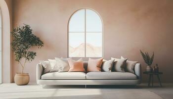 A modern living room design with empty sofa and armchair on the wall, featuring sleek lines, simple silhouettes, and neutral colors, creates a minimalist and inviting space. Generative Ai photo