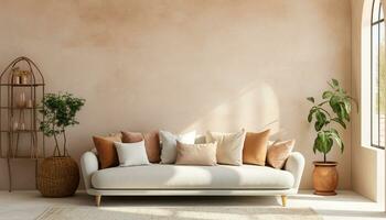 A modern living room design with empty sofa and armchair on the wall, featuring sleek lines, simple silhouettes, and neutral colors, creates a minimalist and inviting space. Generative Ai photo