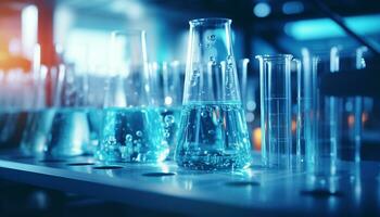 Chemists use beakers, flasks, and test tubes to conduct experiments and analyze chemicals in a laboratory, advancing scientific knowledge and developing new medical treatments. Generative Ai. photo