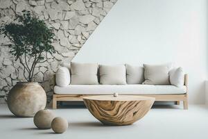 A modern living room design with empty sofa and armchair on the wall, featuring sleek lines, simple silhouettes, and neutral colors, creates a minimalist and inviting space. Generative Ai photo